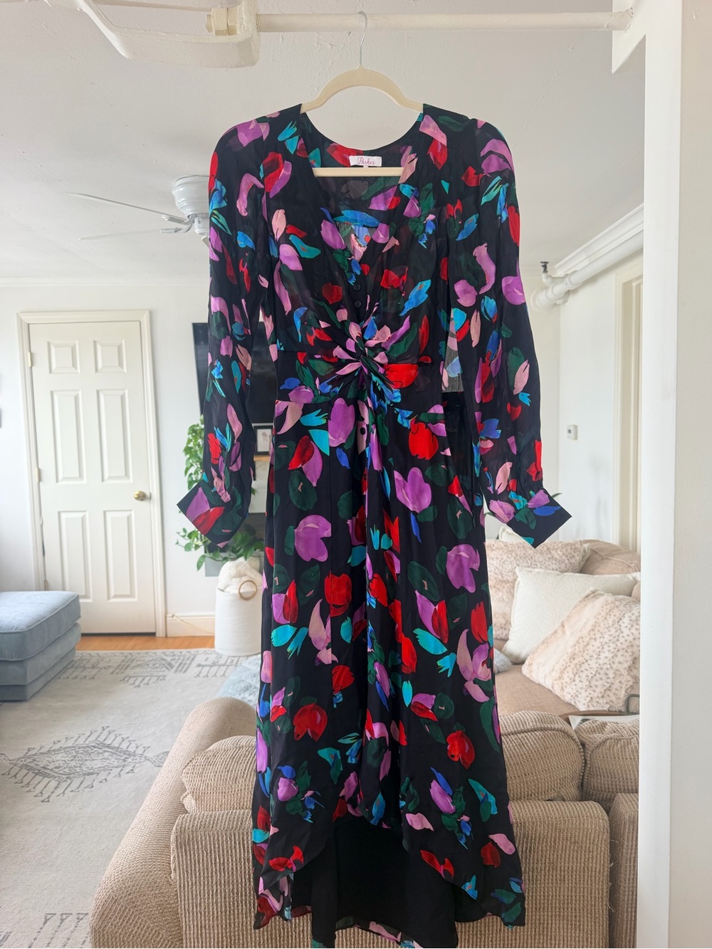 Parker Black Floral Twist-Front Midi Dress with Red, Purple, Teal Accents